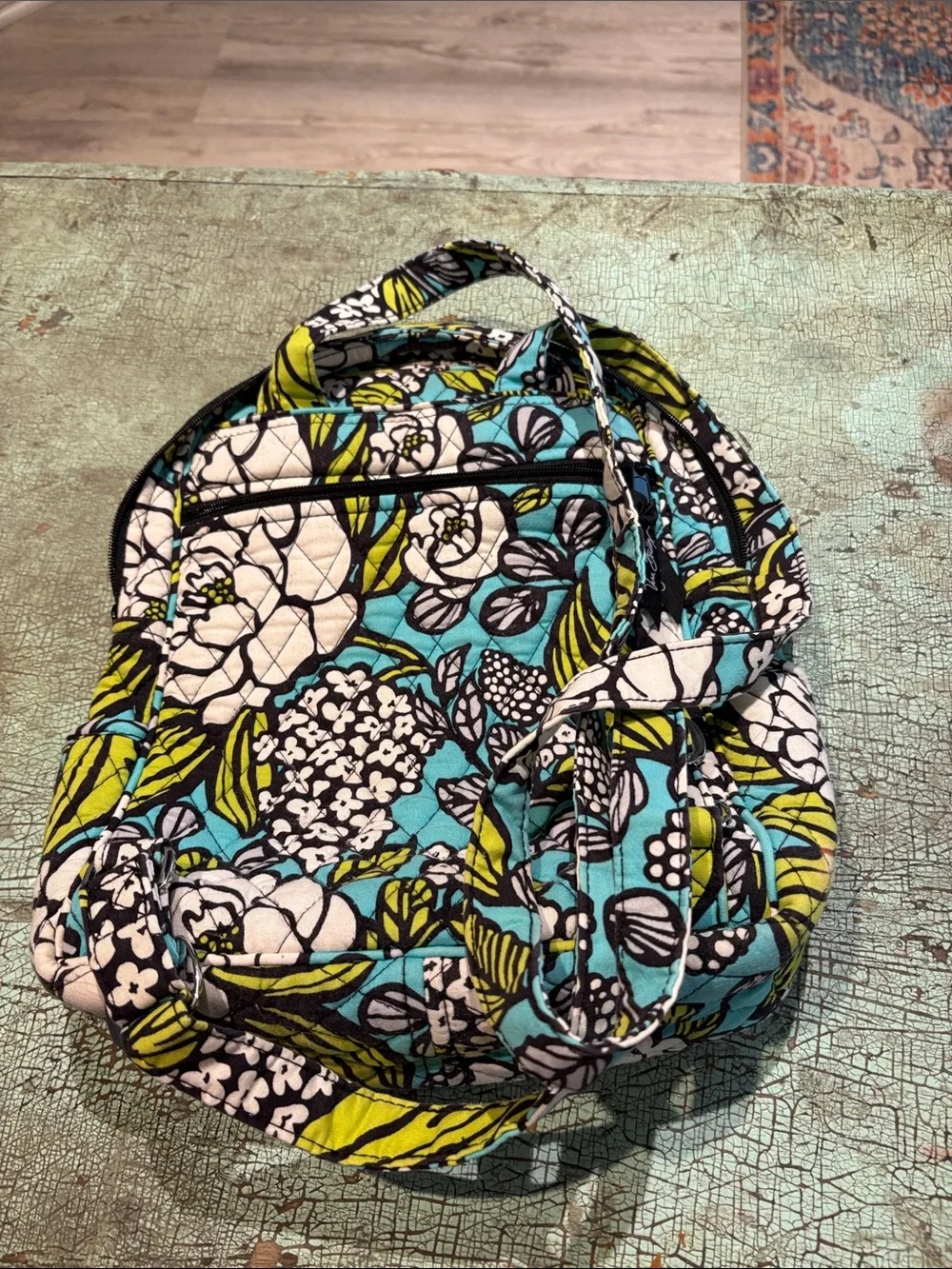 Vera Bradley Island Blooms Quilted Backpack Turquoise Lime White Floral